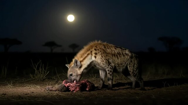 Spotted hyena feeding under full moon