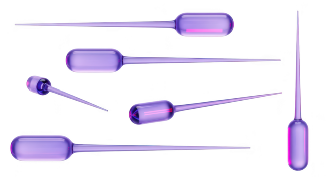 Purple pipettes suspended in mid-air display liquid against a white background for science research or laboratory applications