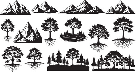 Collection of black silhouette mountain peaks and various trees with roots on a white background