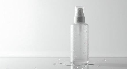Skincare Bottle with Water Droplets on Mirror Surface