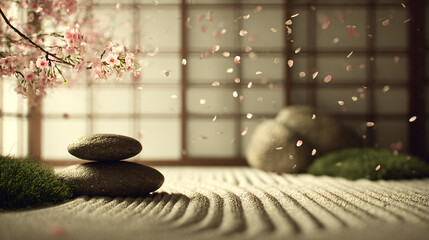 Indoor Zen Garden with Stacked Stones and Falling Cherry Petals