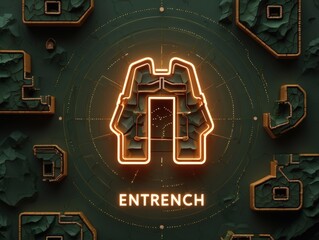Illuminated Digital Gateway Abstract Architectural Security Symbol with Neon Glow on a Dark Strategic Topographical Map, Representing Fortification and Technological Defense Systems.
