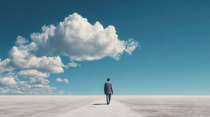 A man walks a lonely path towards a single cloud in a vast, empty landscape.
