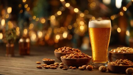 Golden Pint and Savory Snacks: A tall, chilled glass of golden beer sits in focus next to bowls of savory snacks, the scene bathed in warm, inviting light and creating a sense of convivial enjoyment.