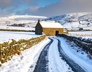 Snowy rural landscape with stone barn