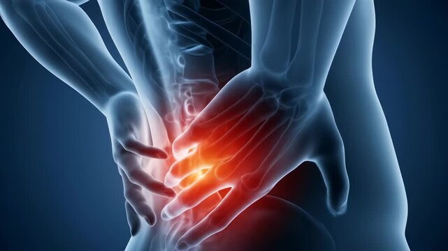 X-ray style visualization of the lower back and hip with bright red inflammation glow, showing spinal discomfort or sciatica symptoms.