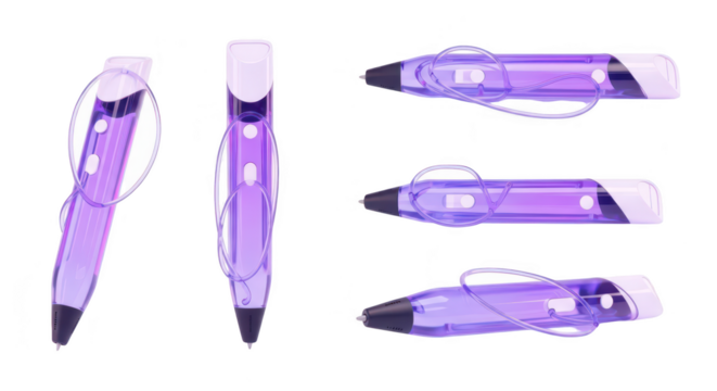 Purple 3D pen renderings on white studio background isolated showcasing views and functions for crafting and design - Powered by Adobe