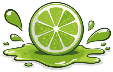 Fresh juicy lime slice with green juice splashing in a cartoon vector illustration