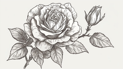 Fototapeta premium A single blooming rose, hand-drawn in fine-line vector style, set against a clean minimal white background, elegant botanical sketch