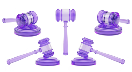 Purple glass gavel set at different angles on a white background symbolizing justice and legal proceedings for law and court concepts
