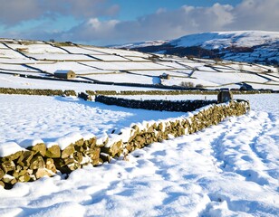 Snowy rural landscape with stone walls
