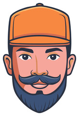 Obraz premium Vector illustration of a man's face with a beard, mustache, and orange cap