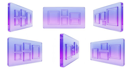 Glass picture frames floating rotating in multiple perspectives against a white background for presentation display or concept art