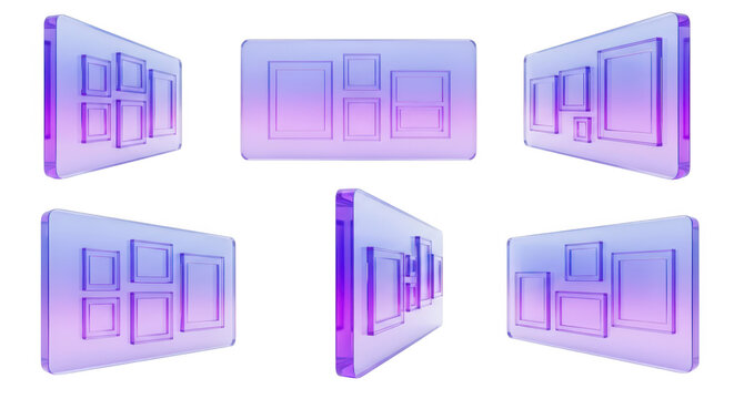 Glass picture frames floating rotating in multiple perspectives against a white background for presentation display or concept art