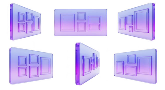 Glass picture frames floating rotating in multiple perspectives against a white background for presentation display or concept art