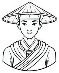 Illustration of a smiling young Asian man wearing a conical hat and traditional robe