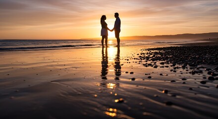 Fototapeta premium A romantic scene of a couple holding hands and walking on a beach at sunset