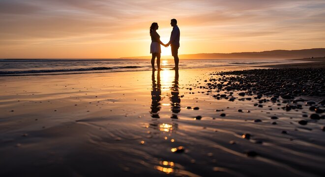 A romantic scene of a couple holding hands and walking on a beach at sunset