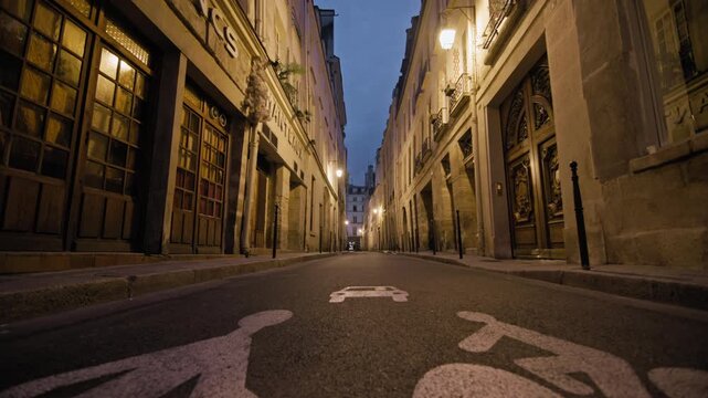 Urban landscape of the night streets of Paris, the capital of France. Beautiful street lighting of the architectural buildings in the tourist center of the city.