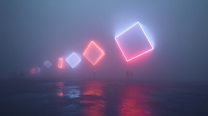 Neon-lit geometric shapes hovering in fog, minimal ambient mood