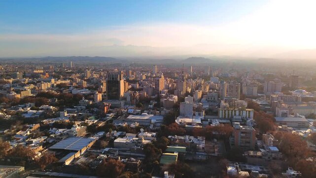 Aerial view of the city of Mendoza, Argentina, on a sunny day with dusty skies.