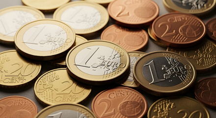 Detailed Pile of Euro Coins in Bronze and Silver Tones Displayed on Gray Surface Emphasizing European Union Currency