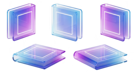 Abstract 3D rendered glass books in different positions isolated on white background illustrating learning knowledge or design concepts
