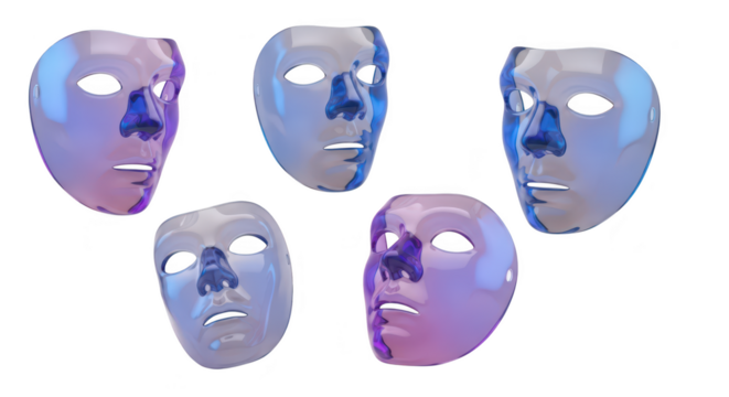 Five iridescent facial masks floating against a clean white background suggesting identity art drama or psychology concepts