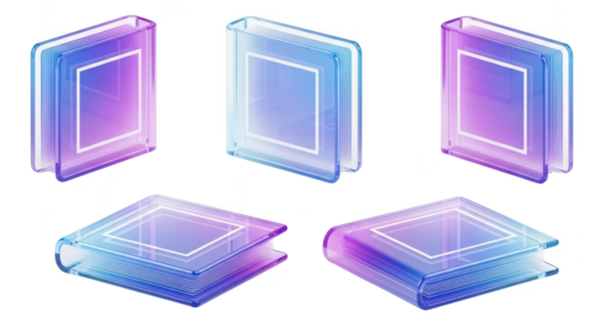 Abstract 3D rendered glass books in different positions isolated on white background illustrating learning knowledge or design concepts