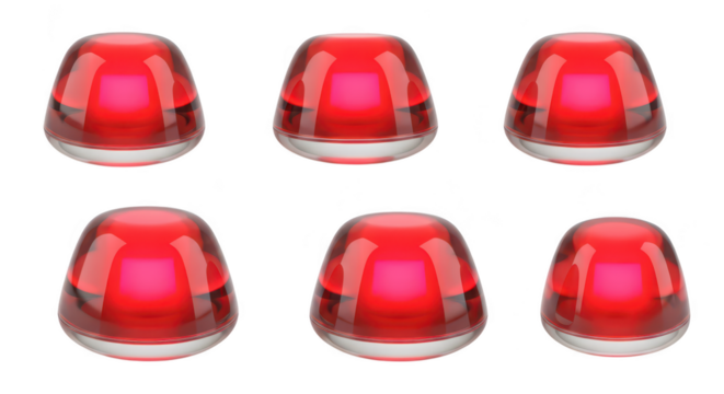 Six red emergency lights are illuminated arranged on a white surface suggesting a safety or alert theme They are possibly for warning signals