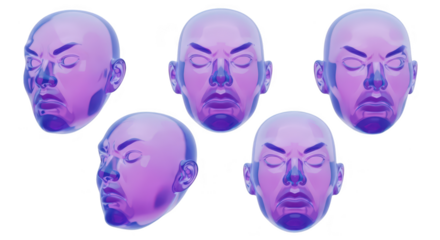 Transparent violet human head models displaying varying facial expressions on a white background suitable for scientific illustration or character design
