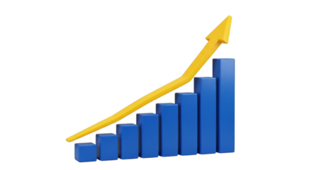 Blue bar graph with upward trending yellow arrow isolated on transparent background