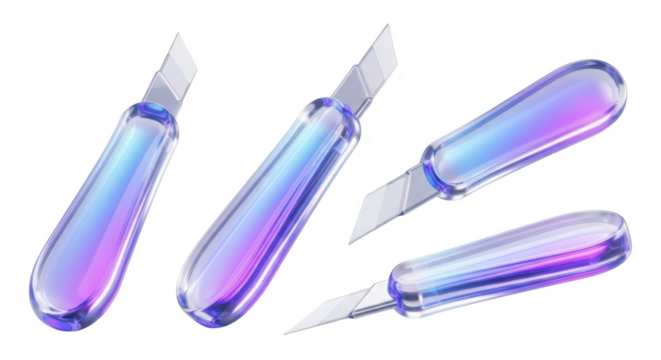 A set of iridescent box cutter utility knives transparent against a clean white backdrop for art crafts or DIY projects