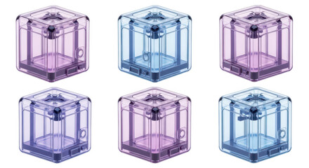 Six colorful translucent box-shaped objects are shown against a white backdrop potentially for product visualization or design