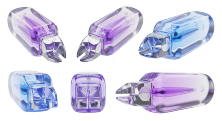 Close-up view of surgical staples isolated against a white background showcasing different angles possibly for medical documentation