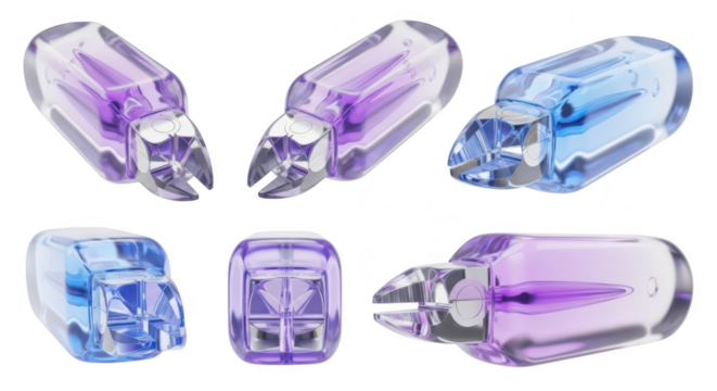 Close-up view of surgical staples isolated against a white background showcasing different angles possibly for medical documentation