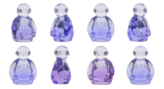 Eight translucent figurines various angles lit on white backdrop showcasing design versatility for art product or illustrative purposes