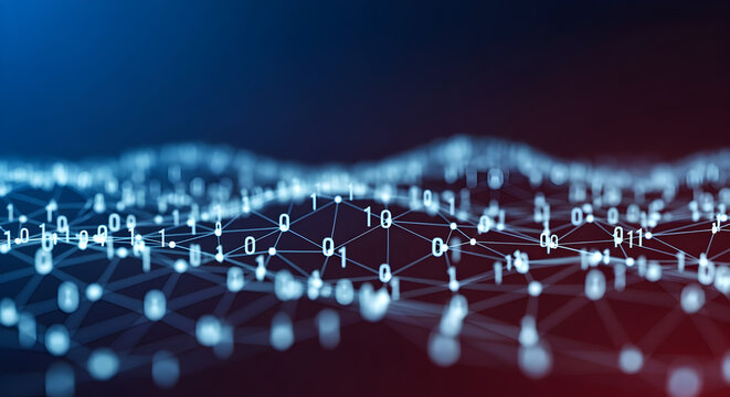 Digital Binary Code Network on Blue and Red Gradient Background Perfect for Technology Concepts - Powered by Adobe