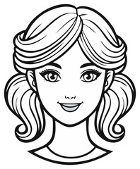 Smiling girl face, illustration, with pigtails hairstyle, cartoon style