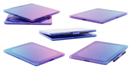 Several tablet devices shown in different angled views on a white surface reflecting the lights suitable for website graphics