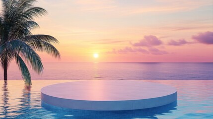 Obraz premium Podium stand in luxury swimming pool water with sea and sunset view. Summer background of tropical design product placement display. Hotel resort poolside backdrop.