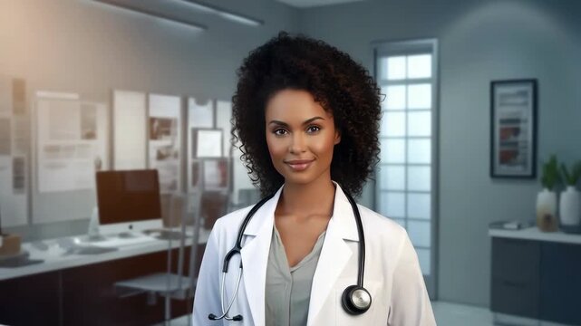 A doctor with a stethoscope stands in a modern clinic office with a computer and medical charts.