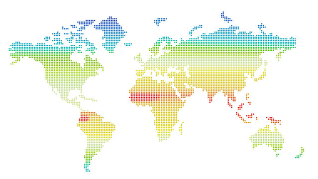 Fototapeta World climate zones map with temperature gradient visualization, isolated on transparent background. Temperature world map silhouette. 3D illustration