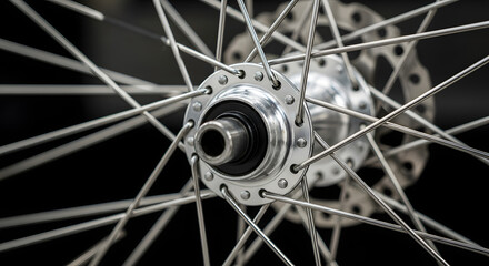 Obraz premium Extreme close-up of bicycle wheel hub and spokes, symmetry and metallic shine. 