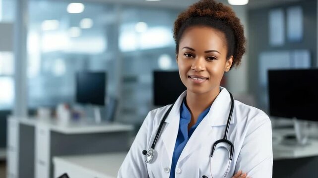 Young female doctor wearing white coat and stethoscope, standing with arms crossed in a bright modern office with computers.