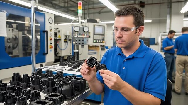 Worker inspecting plastic injection molding parts. 4K Video