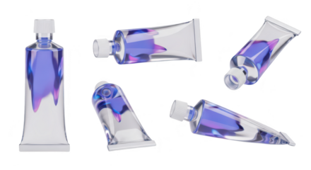 Translucent tubes filled with fluid swirling in various positions on a white background depicting colorful liquids ready for arts and crafts