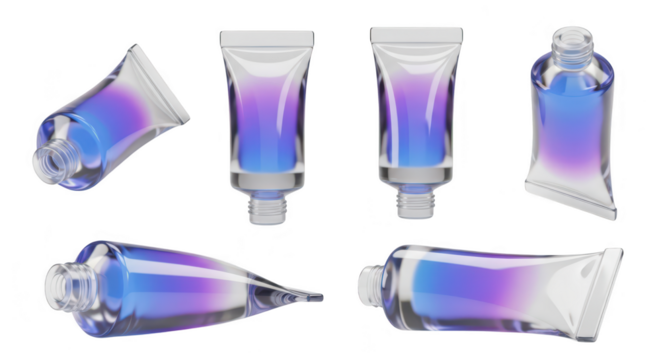 Translucent tubes of colorful liquid displayed on a white background for cosmetic beauty and healthcare applications