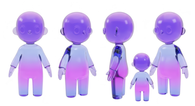 Rendered 3D cartoon child characters in various poses on a white background showcasing different angles suitable for animation or design projects