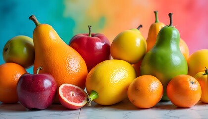 Buntes Arrangement von frischem Obst vor farbigem Hintergrund  
